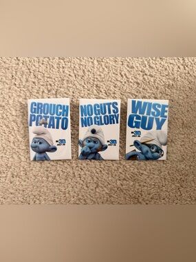 The Smurfs Movie 2011 Promo Pin Button Set of 3 Grouchy Gutsy Brainy Rare